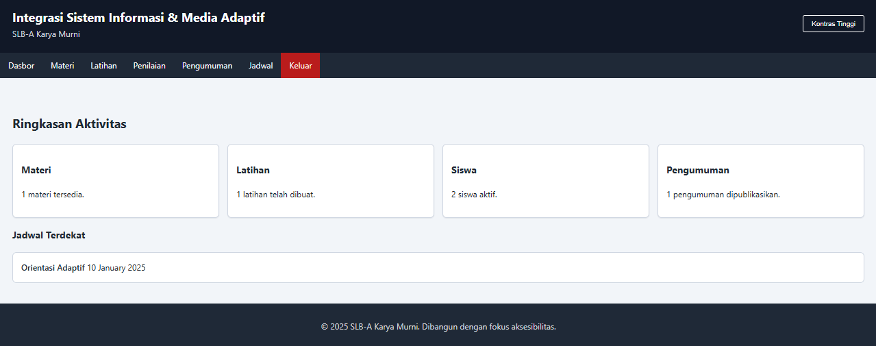 Tampilan antarmuka proyek Integrasi Sistem Informasi & Media Adaptif SLB-A Karya Murni